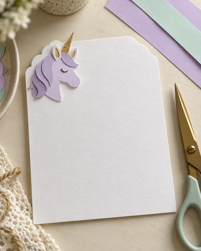 Tarjeta artesanal con unicornio de papel junto a cartulinas de colores