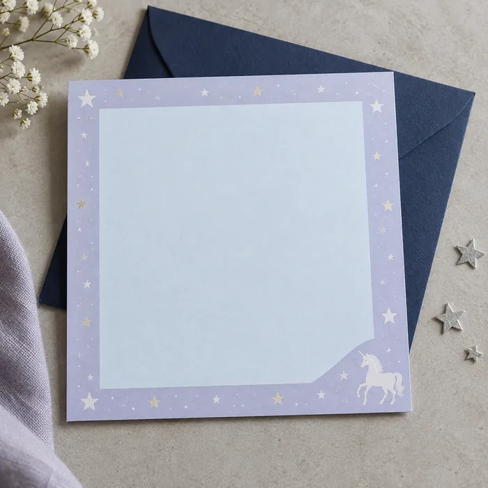 Invitación azul claro con estrellas y silueta de unicornio