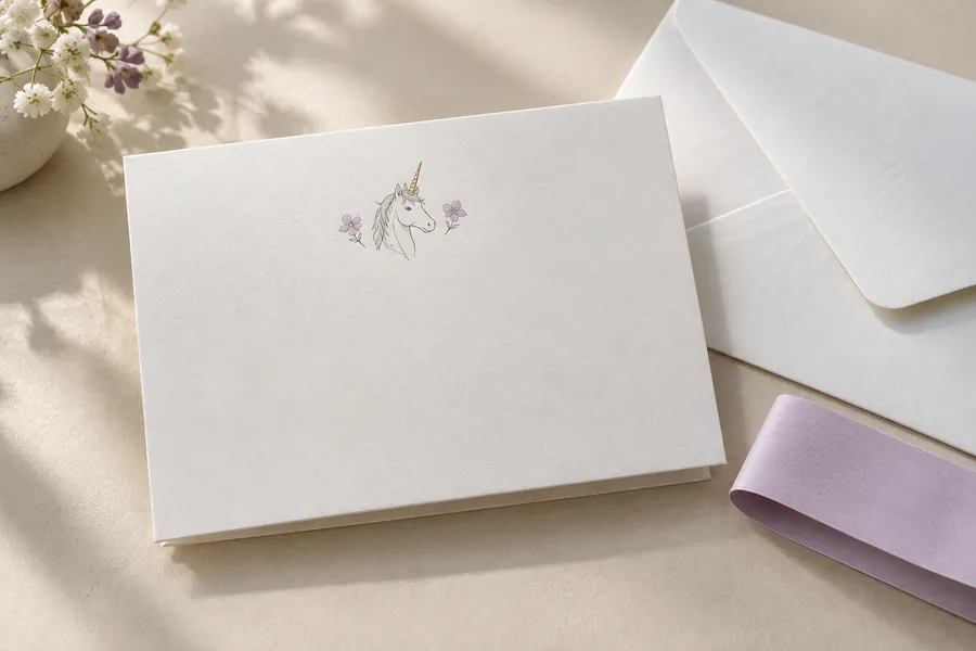 Tarjeta blanca de unicornio con cuerno dorado y pequeñas flores