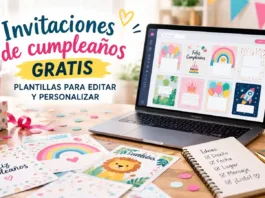 Invitaciones de cumpleaños gratis con plantillas editables en un portátil y tarjetas impresas