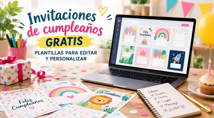 Invitaciones de cumpleaños gratis con plantillas editables en un portátil y tarjetas impresas