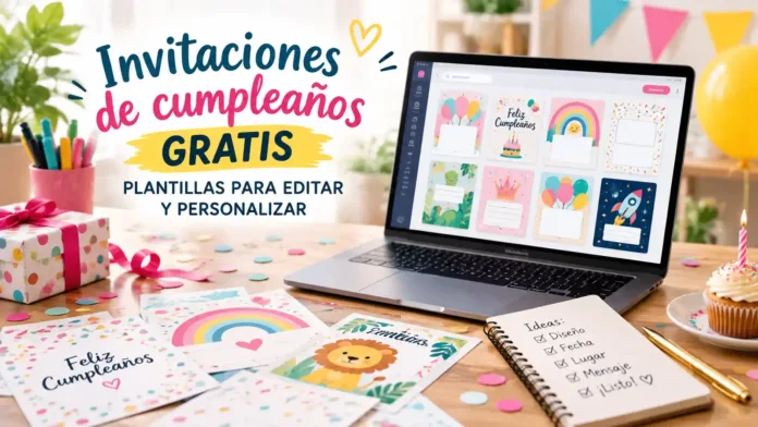 invitaciones-cumpleanos-gratis-plantillas Invitaciones de cumpleaños gratis con plantillas editables en un portátil y tarjetas impresas