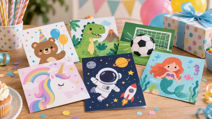invitaciones de cumpleaños infantiles con diseños de dinosaurio, fútbol, unicornio, espacio y sirena