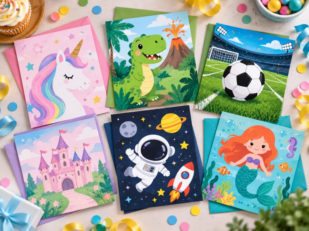 invitaciones de cumpleaños infantiles con diseños de unicornio, dinosaurio, fútbol, espacio, castillo y sirena