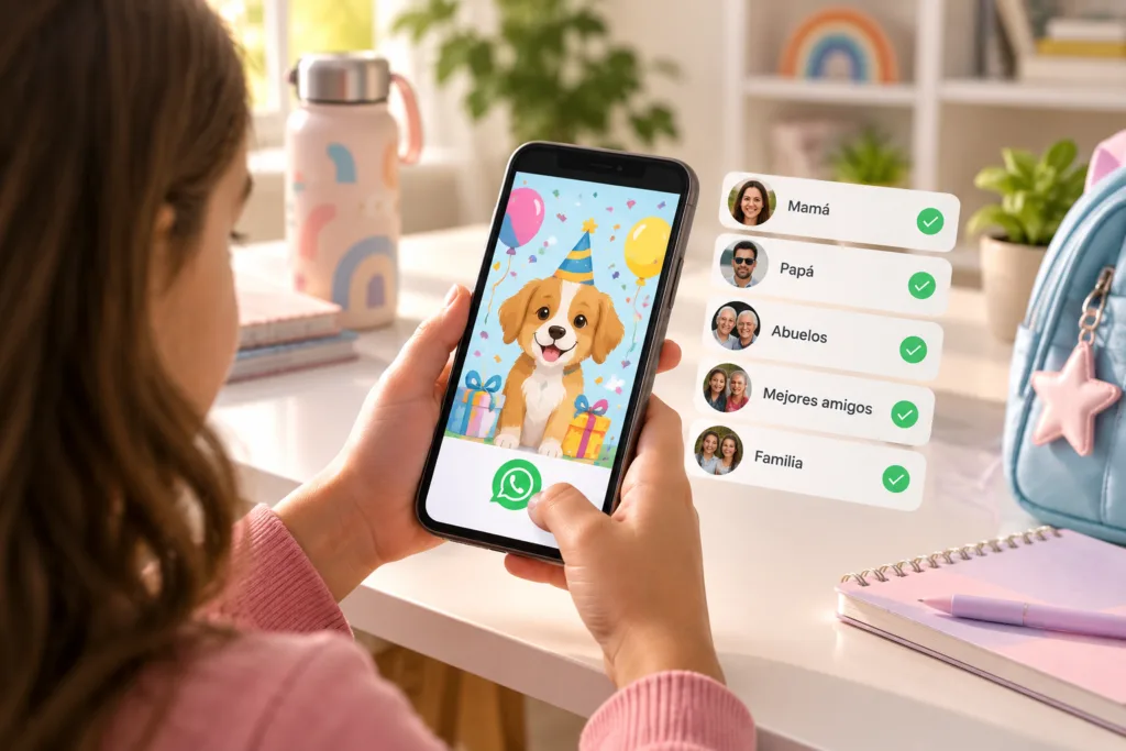 niña enviando una invitación de cumpleaños infantil por WhatsApp a familiares y amigos