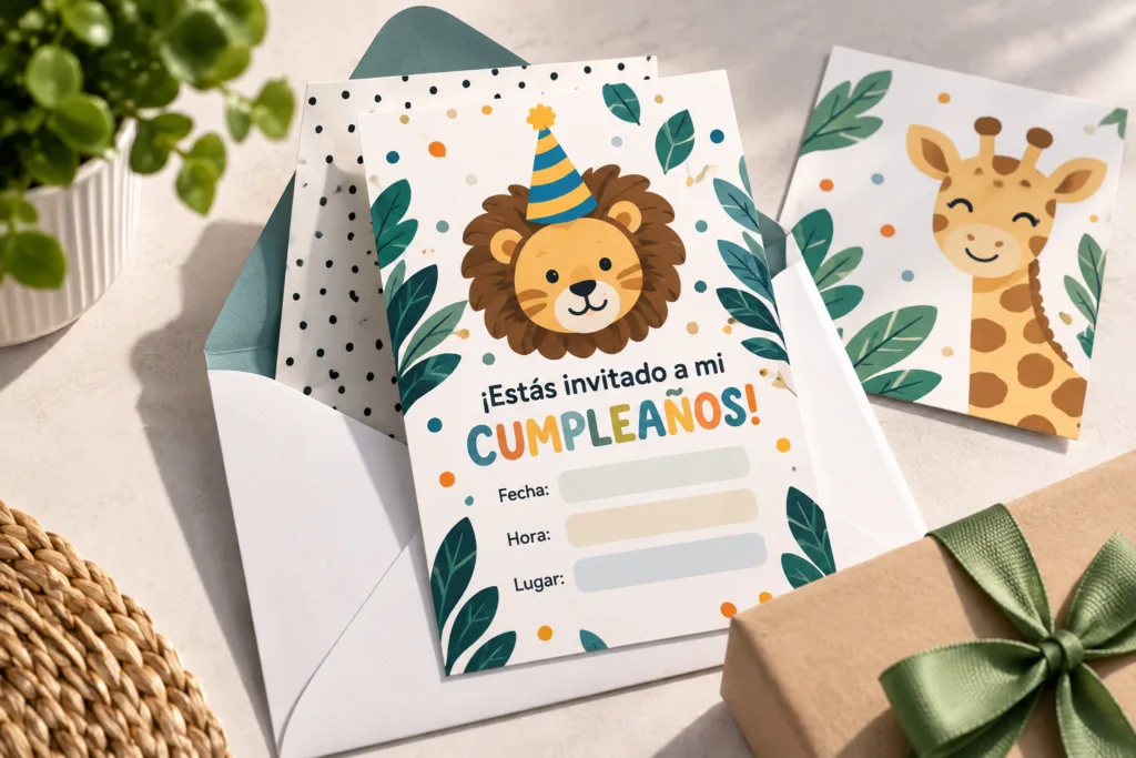 invitación de cumpleaños infantil con diseño de león y jirafa