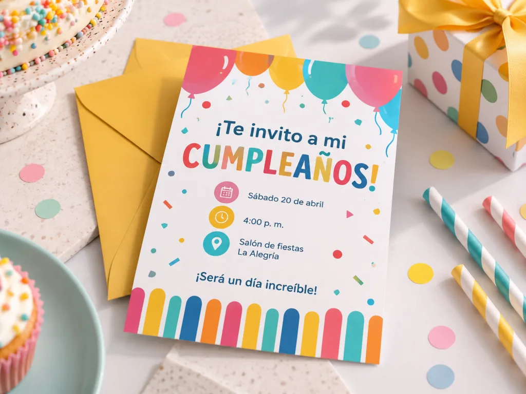 tarjeta colorida con fecha hora y lugar de la fiesta