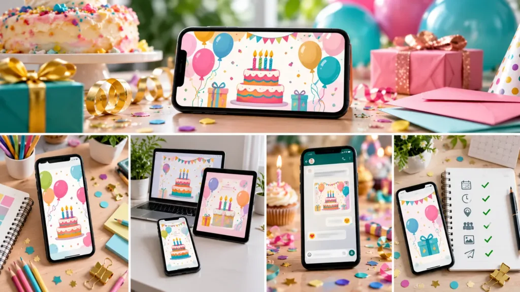 Invitaciones de cumpleaños digitales en móvil, tablet y ordenador con ejemplos para compartir y revisar antes de enviar