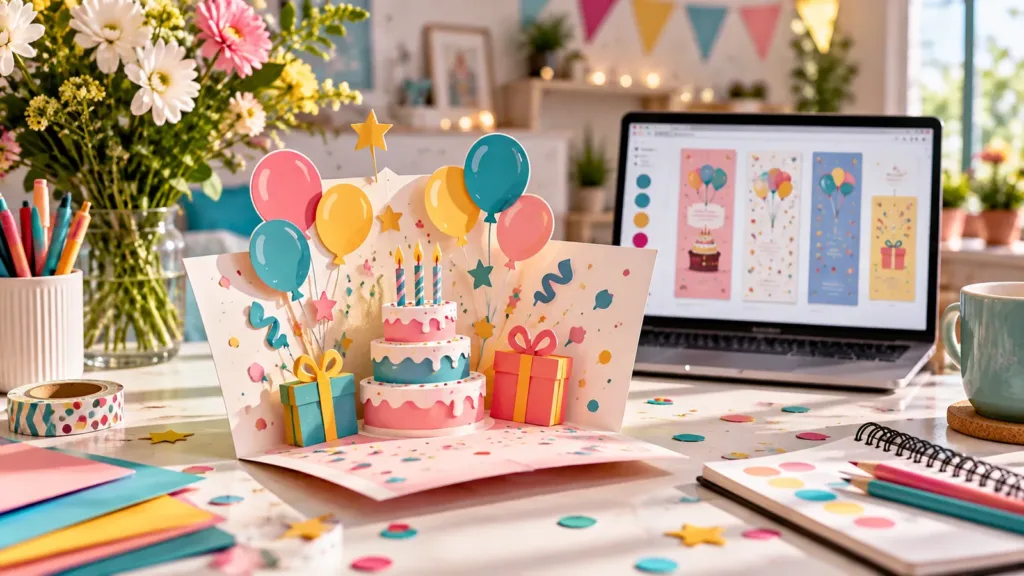Diseño de invitación de cumpleaños desplegable junto a plantillas digitales en un ordenador portátil