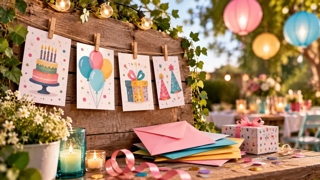 Tarjetas ilustradas y sobres de colores preparados para una celebración al aire libre