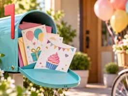Invitaciones de cumpleaños online llegando en un buzón decorado para una fiesta