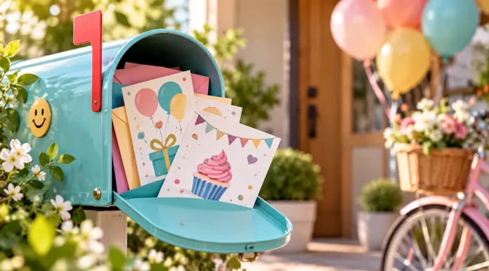 Invitaciones de cumpleaños online llegando en un buzón decorado para una fiesta