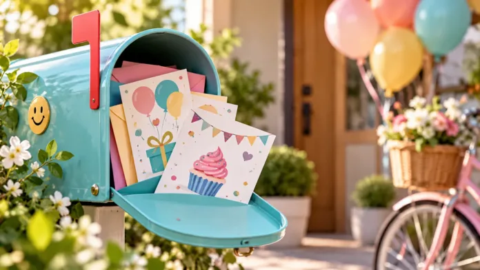 Invitaciones de cumpleaños online llegando en un buzón decorado para una fiesta
