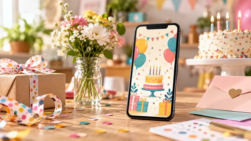 Teléfono con diseño festivo junto a flores, sobres y decoración de celebración