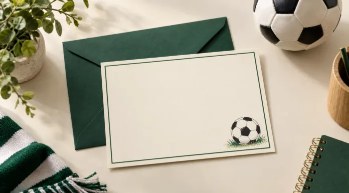 Móvil con un diseño de invitación de fútbol en verde y blanco
