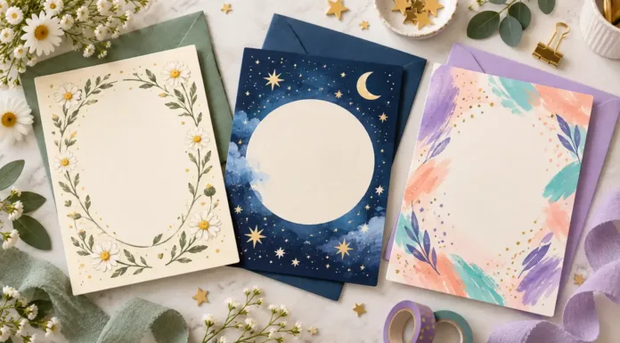 Tarjetas de invitación con motivos de flores, estrellas y pintura