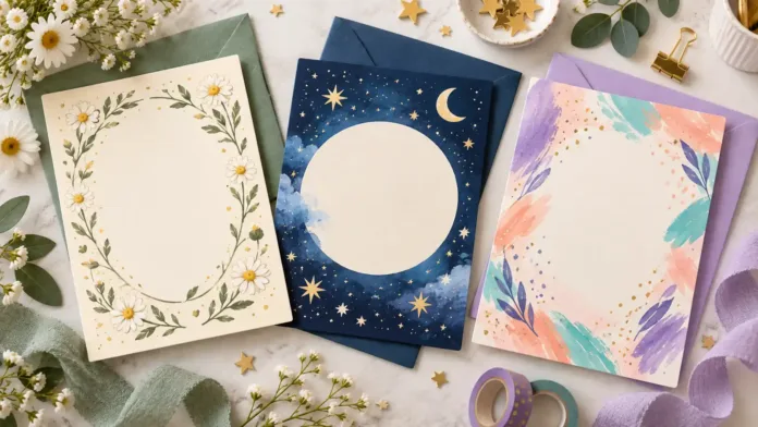 Tarjetas de invitación con motivos de flores, estrellas y pintura