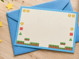 Tarjeta con borde azul, monedas y detalles de plataformas de videojuego