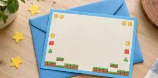 Tarjeta con borde azul, monedas y detalles de plataformas de videojuego