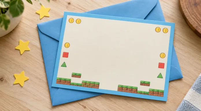 Tarjeta con borde azul, monedas y detalles de plataformas de videojuego