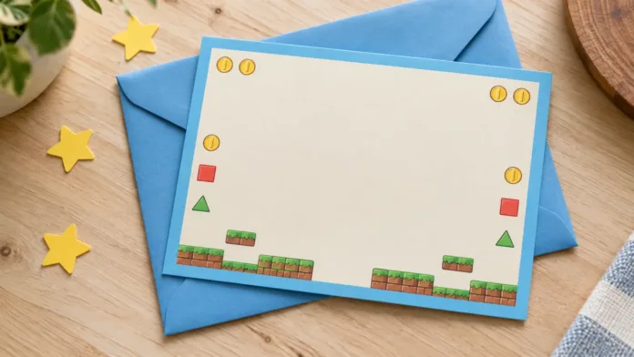 invitaciones-mario-principal Tarjeta con borde azul, monedas y detalles de plataformas de videojuego