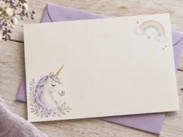 Tarjeta con unicornio de acuarela y arcoíris junto a un sobre lila