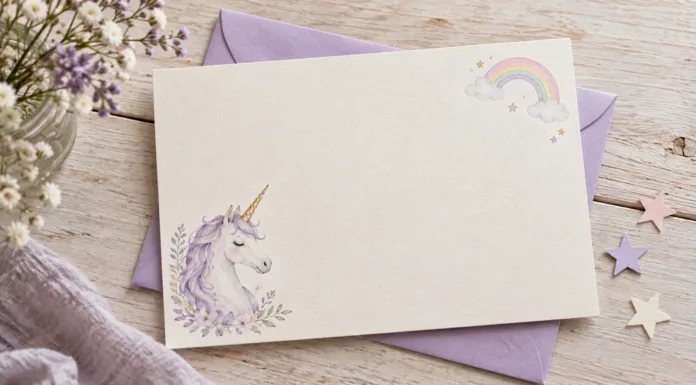 Tarjeta con unicornio de acuarela y arcoíris junto a un sobre lila