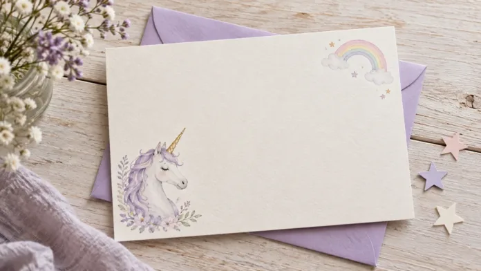Tarjeta con unicornio de acuarela y arcoíris junto a un sobre lila