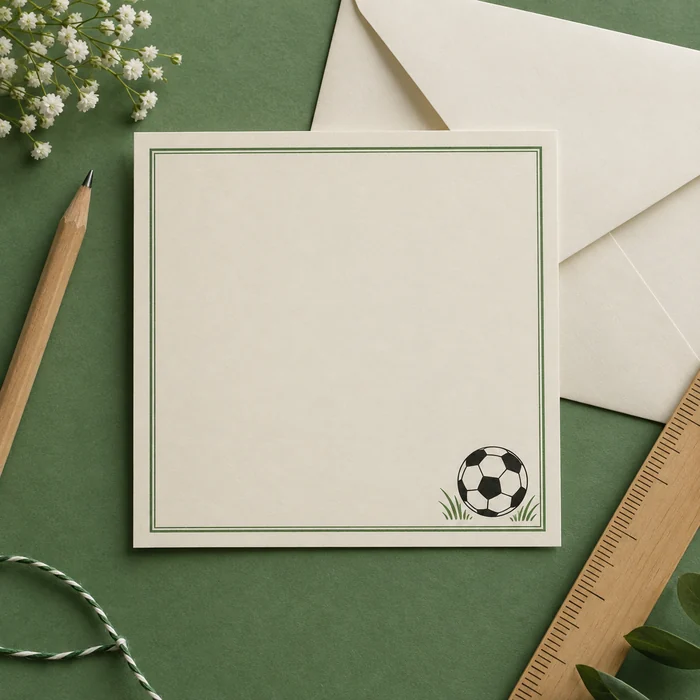 Tarjeta de fútbol junto a materiales de papelería para personalizarla