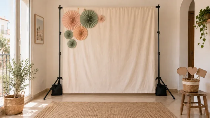 photocall-casero-principal Photocall de cumpleaños casero con fondo claro y abanicos de papel