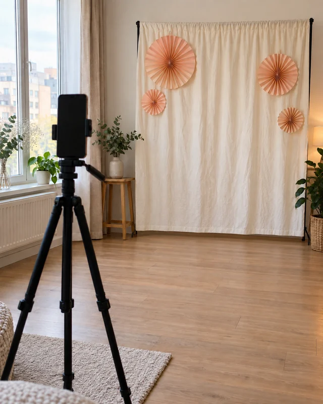 Móvil sobre un trípode frente a un fondo decorado junto a una ventana