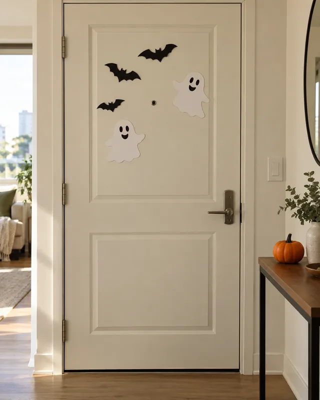 Puerta decorada con murciélagos y fantasmas de papel
