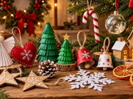 Adornos navideños caseros hechos con cartón, papel, fieltro y materiales reciclados.