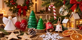 Adornos navideños caseros hechos con cartón, papel, fieltro y materiales reciclados.