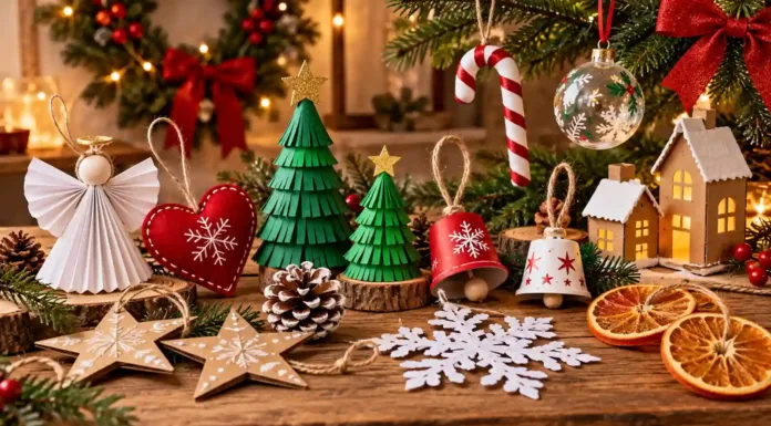 Adornos navideños caseros hechos con cartón, papel, fieltro y materiales reciclados.