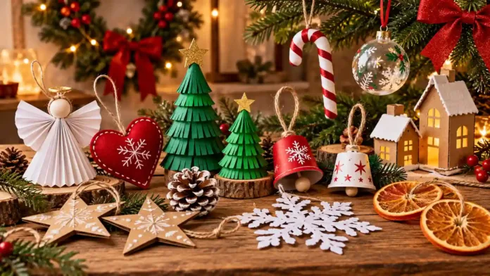 Adornos navideños caseros hechos con cartón, papel, fieltro y materiales reciclados.