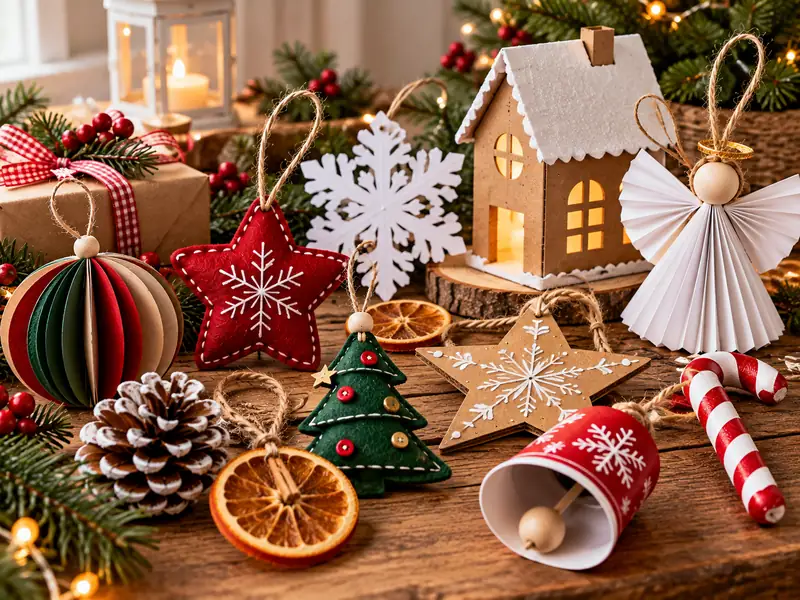 Figuras de papel y fieltro junto a una casita de cartón y materiales para manualidades.