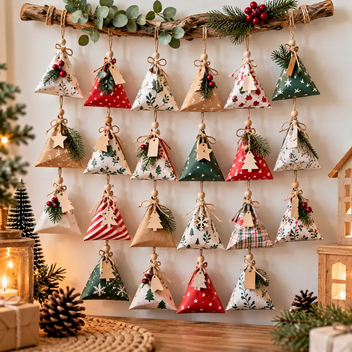 Bolsitas triangulares de papel decorado en colores navideños, suspendidas de una rama con cordeles y cuentas de madera.