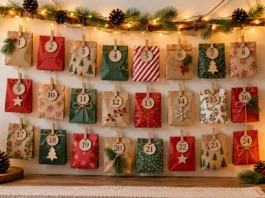 Calendario de Adviento casero con 24 sobres de papel decorados en rojo, verde y kraft, colgados con pinzas y luces navideñas.