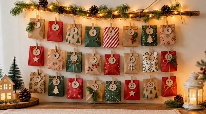 Calendario de Adviento casero: ideas fáciles y qué poner dentro Calendario de Adviento casero con 24 sobres de papel decorados en rojo, verde y kraft, colgados con pinzas y luces navideñas.