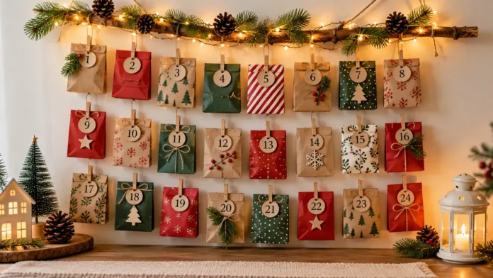 Calendario de Adviento casero con 24 sobres de papel decorados en rojo, verde y kraft, colgados con pinzas y luces navideñas.