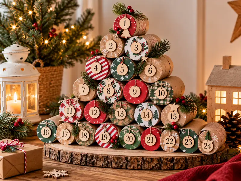 Árbol de Navidad artesanal formado por 24 tubos de cartón reciclado, decorados con papeles de colores y etiquetas numeradas.