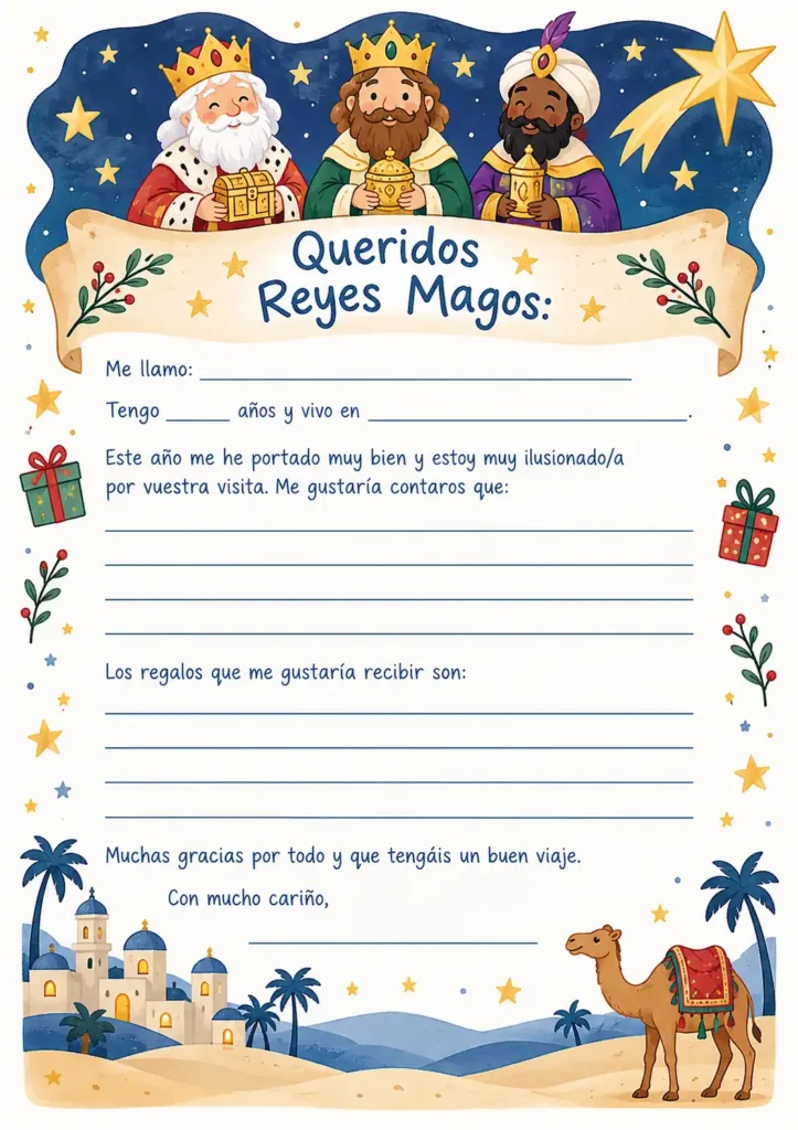 Carta clásica a los Reyes Magos para imprimir con espacio para escribir los deseos navideños.