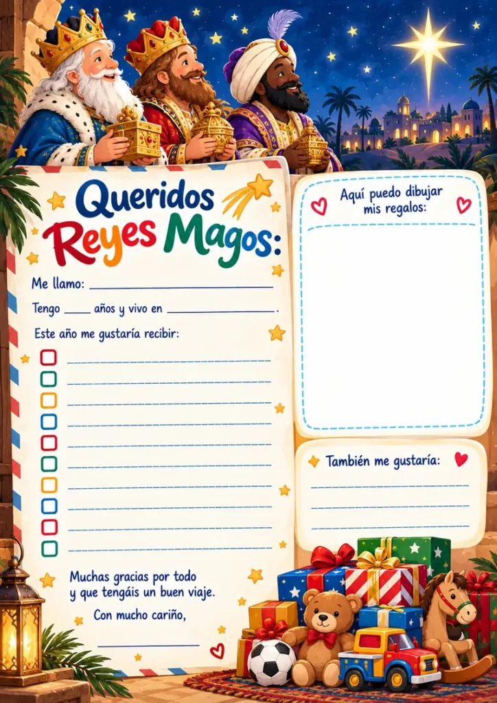 Carta infantil con diez espacios para anotar regalos, casillas de selección y un recuadro para dibujar.
