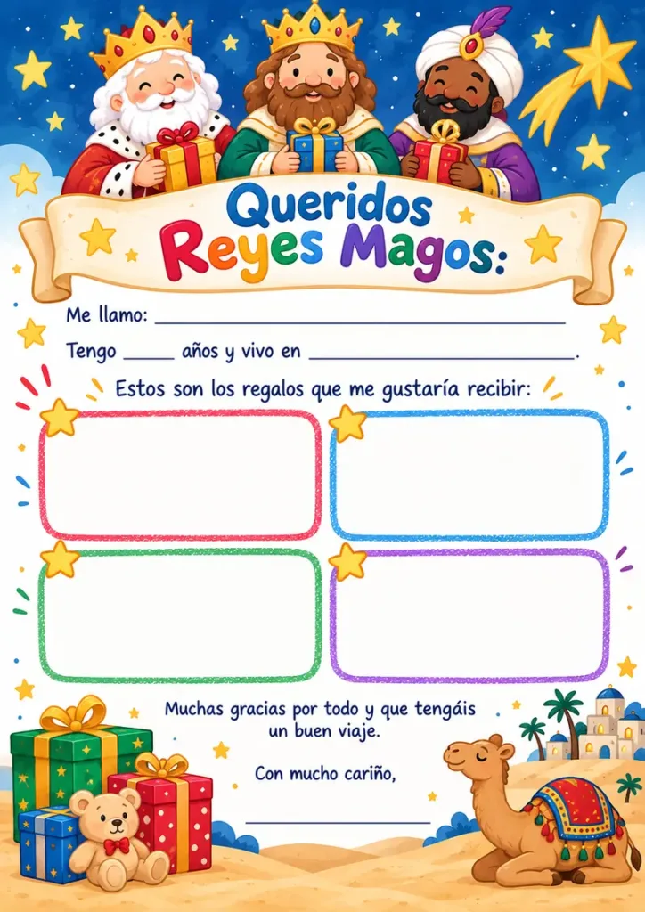 Carta infantil a los Reyes Magos con espacios grandes para dibujar los regalos deseados.