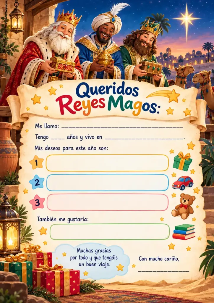 Carta original a los Reyes Magos con tres espacios para regalos y una ilustración de Melchor, Gaspar y Baltasar.