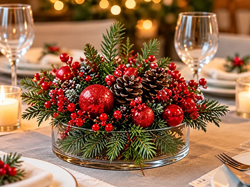 Centro de mesa pequeño con frutos rojos, piñas y ramas verdes en un recipiente de cristal.