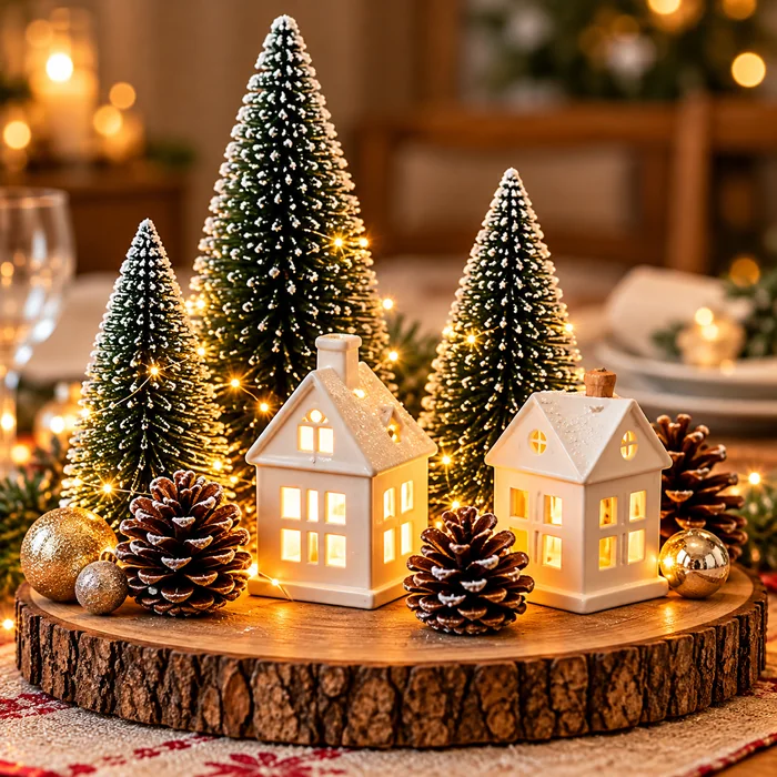 Miniárboles nevados y dos casitas blancas iluminadas sobre una base de madera con piñas.