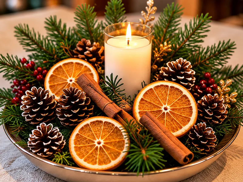 Centro de mesa con rodajas de naranja seca, ramas de canela, piñas y una vela encendida.