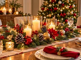 Centro de mesa con ramas de pino, piñas naturales, velas y pequeños adornos dorados.